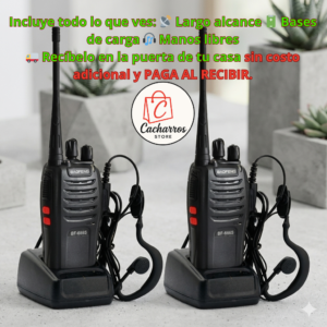 Incluye todo lo que ves 📡 Largo alcance 🔋 Bases de carga 🎧 Manos libres 🚚 Recíbelo en la puerta de tu casa sin costo adicional y PAGA AL RECIBIR. 2 Radios walkie talkie Baofeng Y accesorios
